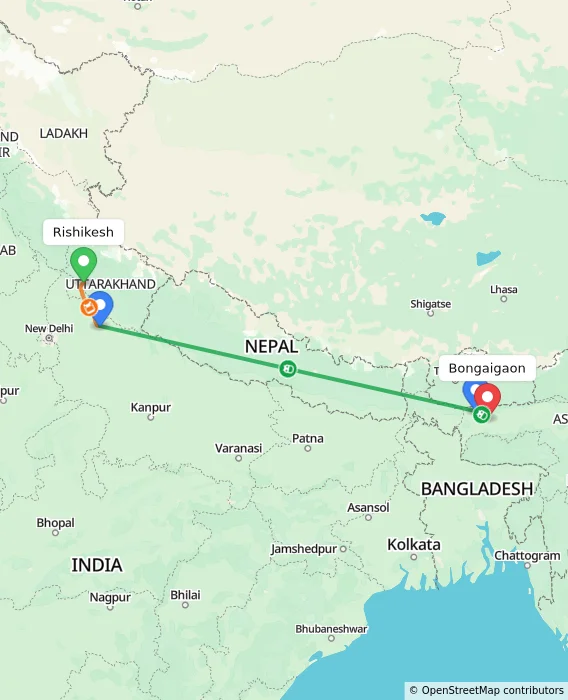 Route map showing distance and travel time from Rishikesh, India to Bongaigaon, India