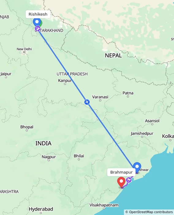 Route map showing distance and travel time from Rishikesh, India to Brahmapur, India