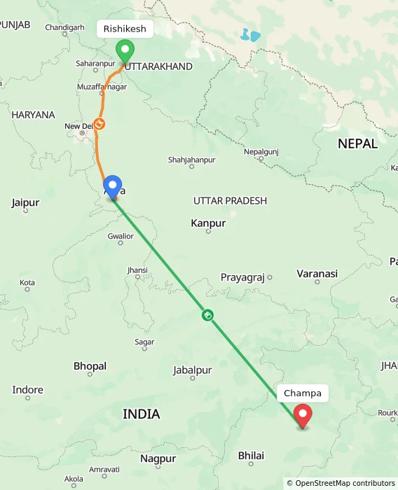 Route map showing distance and travel time from Rishikesh, India to Champa, India