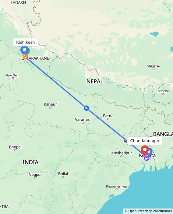 Route map showing distance and travel time from Rishikesh, India to Chandannagar, India