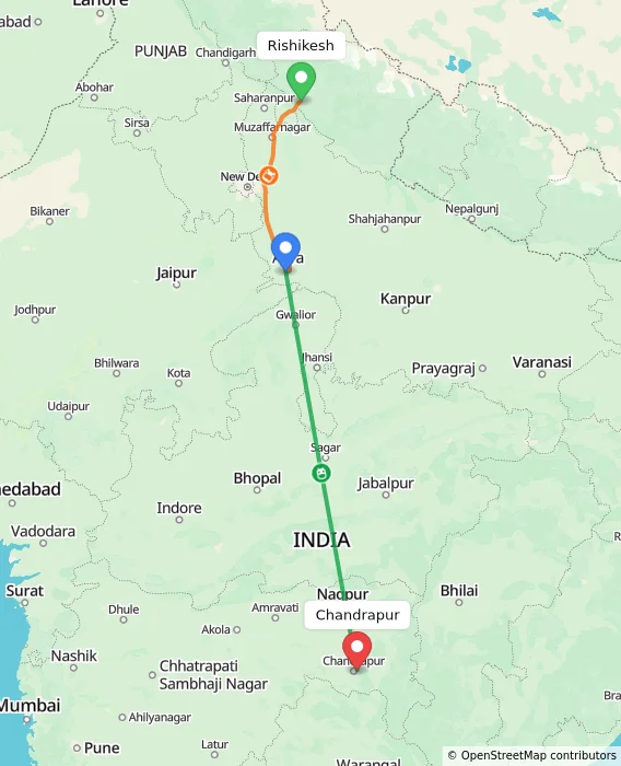 Route map showing distance and travel time from Rishikesh, India to Chandrapur, India