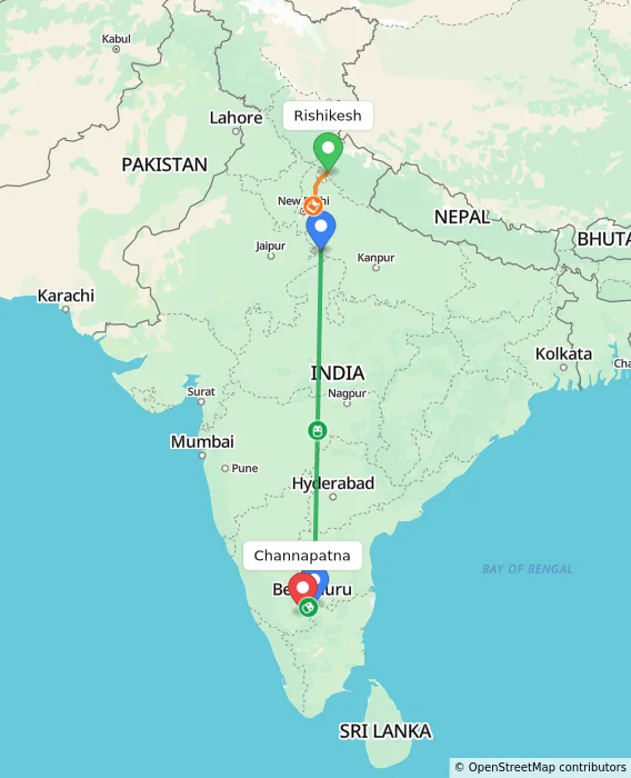 Route map showing distance and travel time from Rishikesh, India to Channapatna, India