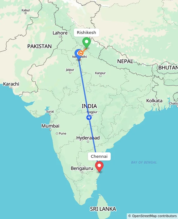 Route map showing distance and travel time from Rishikesh, India to Chennai, India