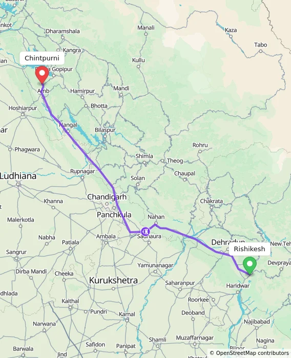 Route map showing distance and travel time from Rishikesh, India to Chintpurni, India