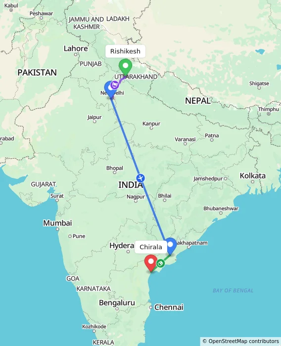 Route map showing distance and travel time from Rishikesh, India to Chirala, India