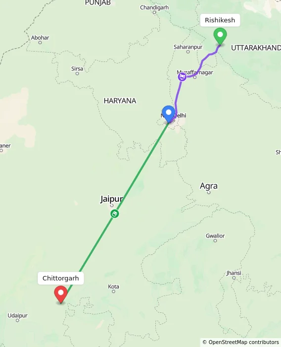 Route map showing distance and travel time from Rishikesh, India to Chittorgarh, India