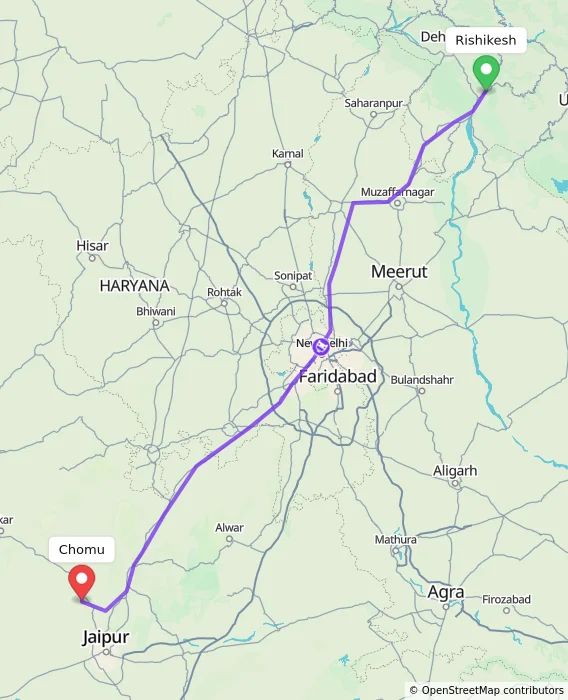 Route map showing distance and travel time from Rishikesh, India to Chomu, India