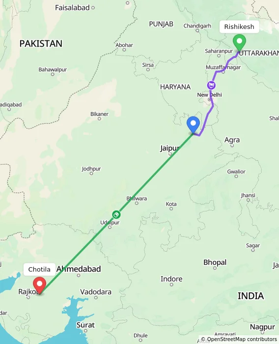 Route map showing distance and travel time from Rishikesh, India to Chotila, India