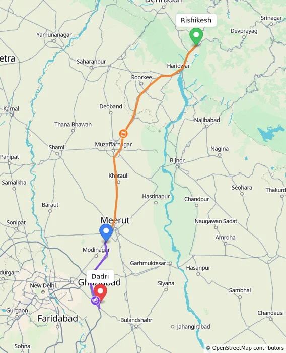 Route map showing distance and travel time from Rishikesh, India to Dadri, India