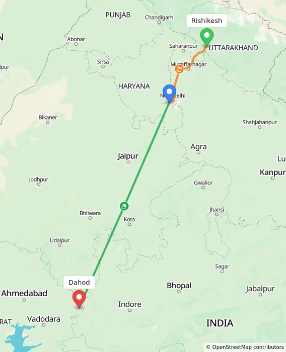 Route map showing distance and travel time from Rishikesh, India to Dahod, India