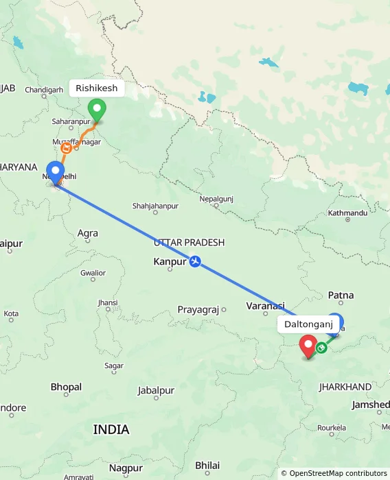 Route map showing distance and travel time from Rishikesh, India to Daltonganj, India