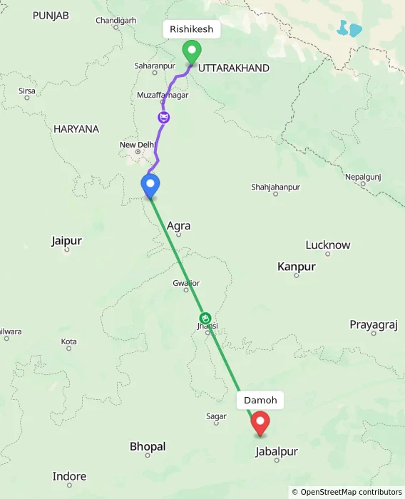 Route map showing distance and travel time from Rishikesh, India to Damoh, India