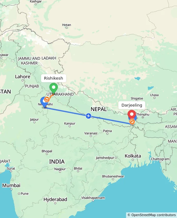 Route map showing distance and travel time from Rishikesh, India to Darjeeling, India