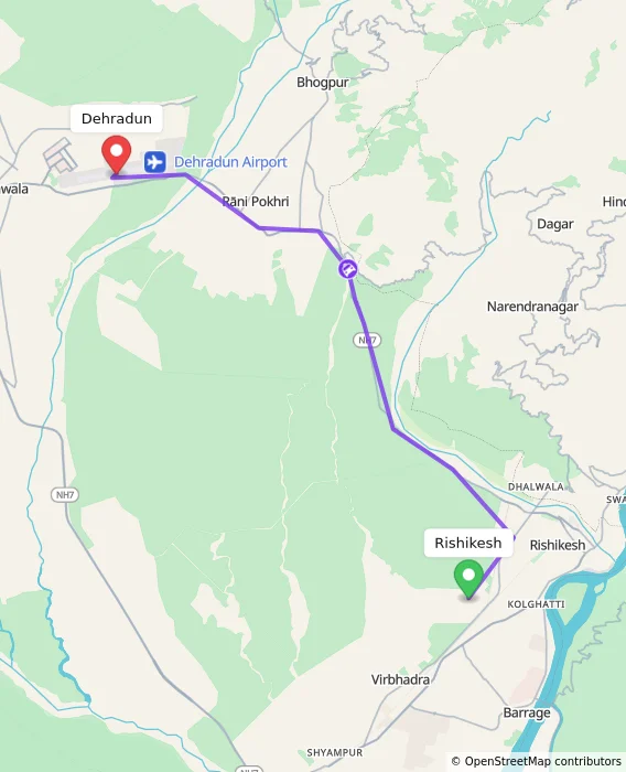 Route map showing distance and travel time from Rishikesh, India to Dehradun, India