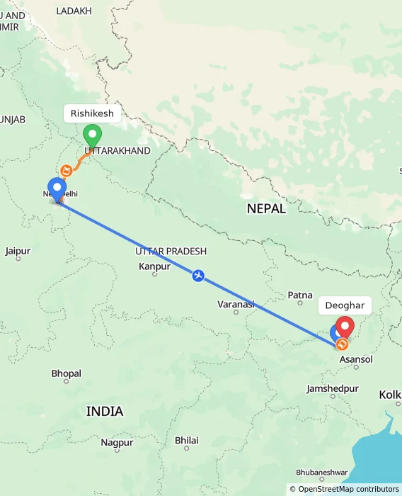 Route map showing distance and travel time from Rishikesh, India to Deoghar, India