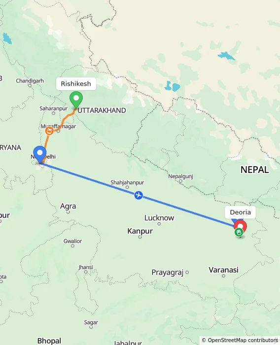 Route map showing distance and travel time from Rishikesh, India to Deoria, India