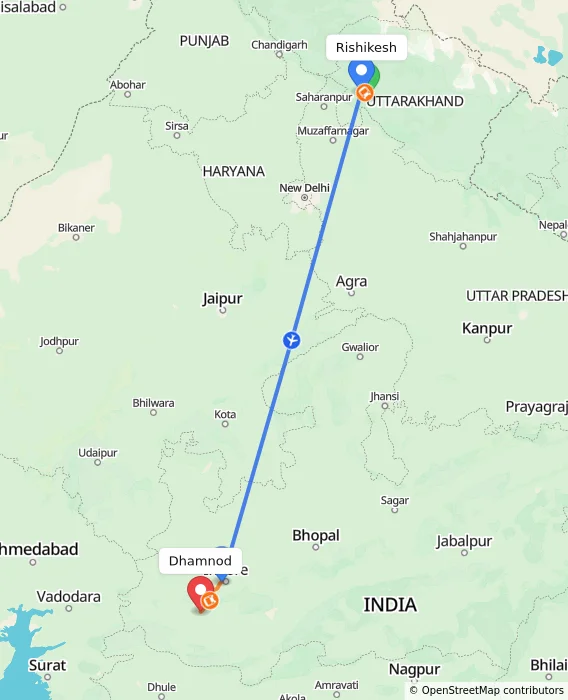 Route map showing distance and travel time from Rishikesh, India to Dhamnod, India