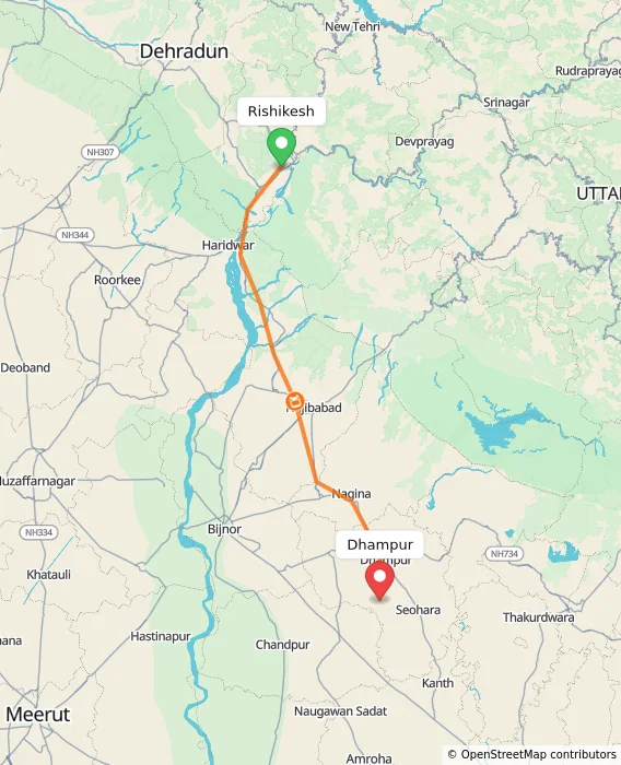 Route map showing distance and travel time from Rishikesh, India to Dhampur, India