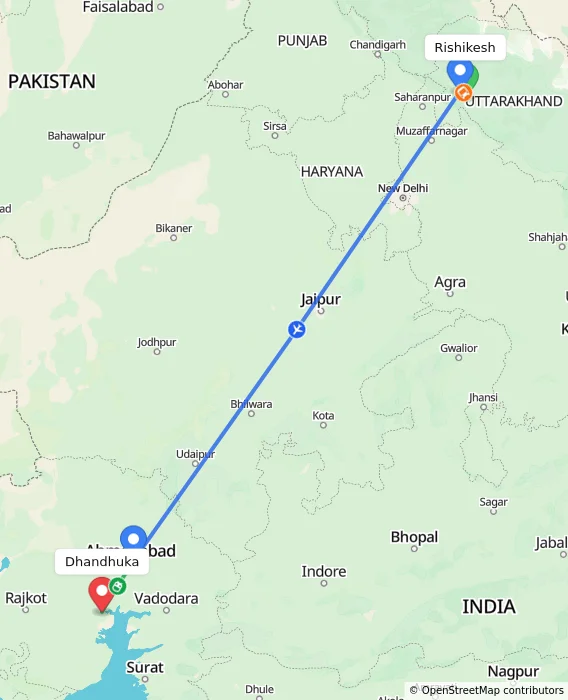 Route map showing distance and travel time from Rishikesh, India to Dhandhuka, India