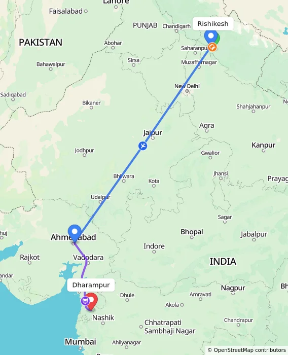 Route map showing distance and travel time from Rishikesh, India to Dharampur, India