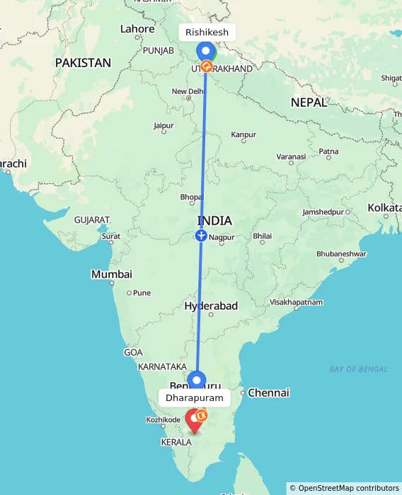 Route map showing distance and travel time from Rishikesh, India to Dharapuram, India