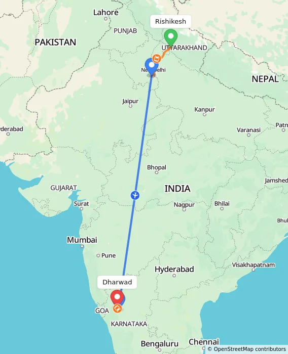 Route map showing distance and travel time from Rishikesh, India to Dharwad, India