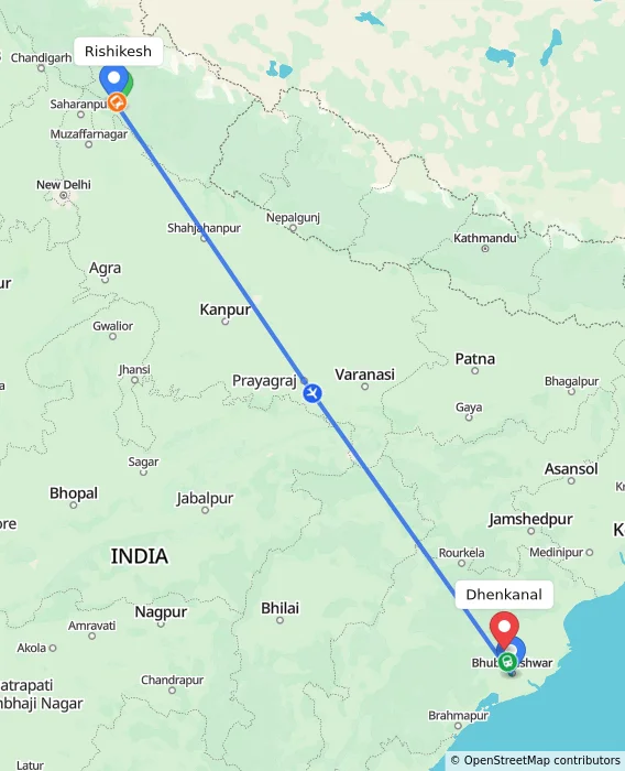 Route map showing distance and travel time from Rishikesh, India to Dhenkanal, India