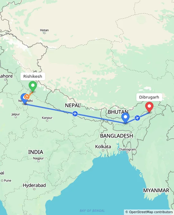 Route map showing distance and travel time from Rishikesh, India to Dibrugarh, India