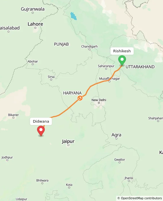 Route map showing distance and travel time from Rishikesh, India to Didwana, India
