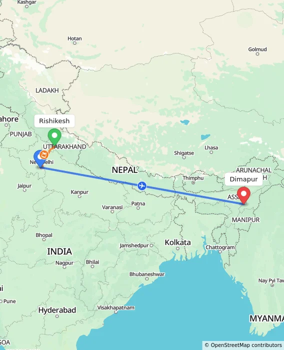 Route map showing distance and travel time from Rishikesh, India to Dimapur, India