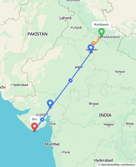 Route map showing distance and travel time from Rishikesh, India to Diu, India