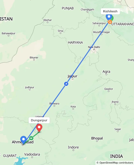 Route map showing distance and travel time from Rishikesh, India to Dungarpur, India