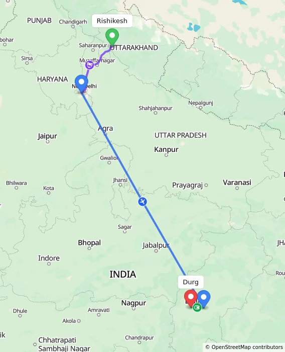 Route map showing distance and travel time from Rishikesh, India to Durg, India