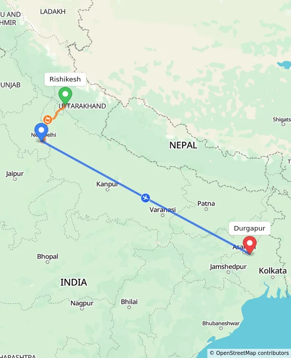 Route map showing distance and travel time from Rishikesh, India to Durgapur, India