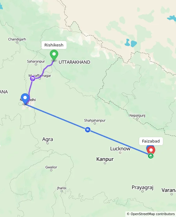 Route map showing distance and travel time from Rishikesh, India to Faizabad, India