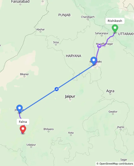 Route map showing distance and travel time from Rishikesh, India to Falna, India