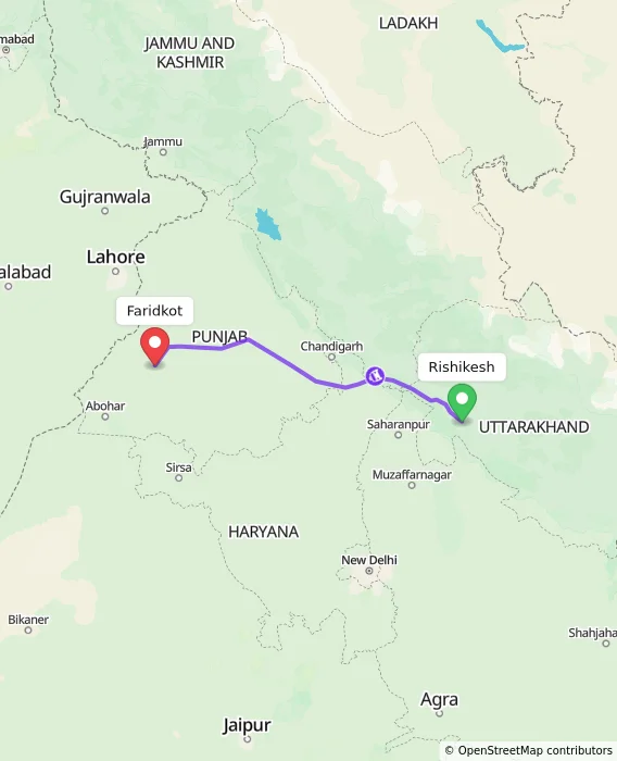 Route map showing distance and travel time from Rishikesh, India to Faridkot, India