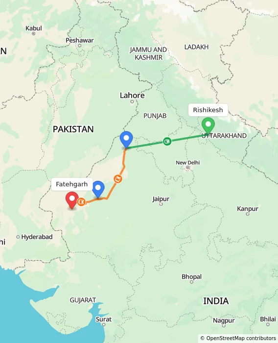 Route map showing distance and travel time from Rishikesh, India to Fatehgarh, India