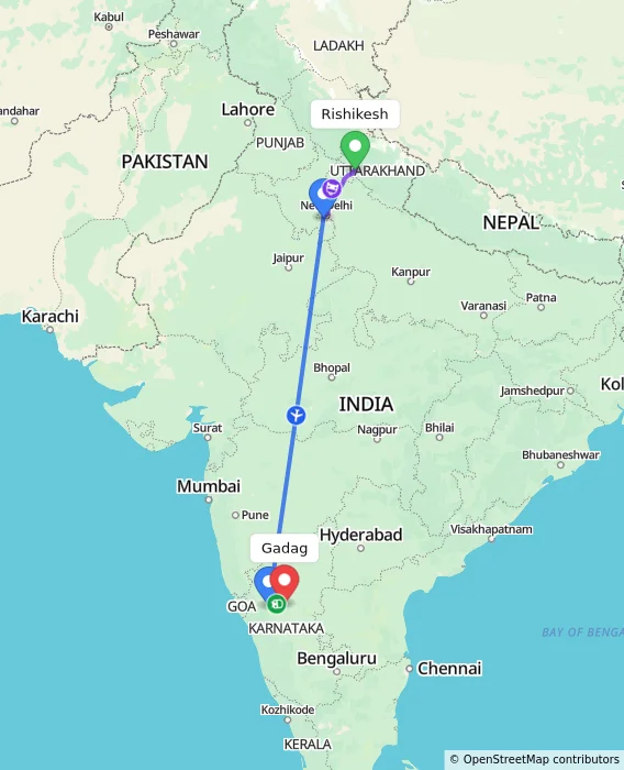 Route map showing distance and travel time from Rishikesh, India to Gadag, India