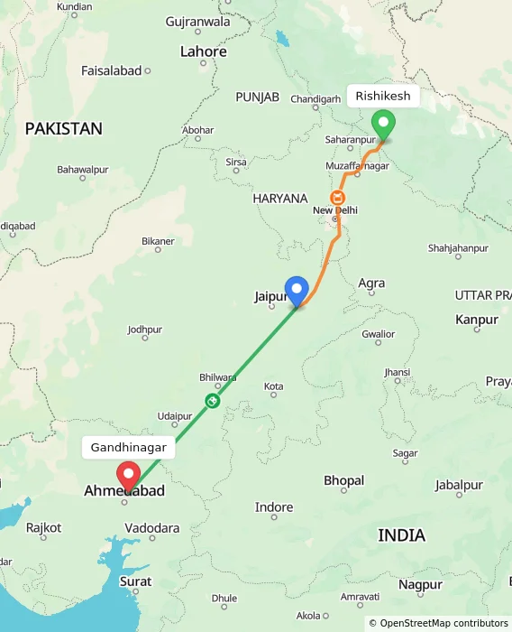 Route map showing distance and travel time from Rishikesh, India to Gandhinagar, India