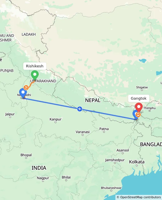 Route map showing distance and travel time from Rishikesh, India to Gangtok, India