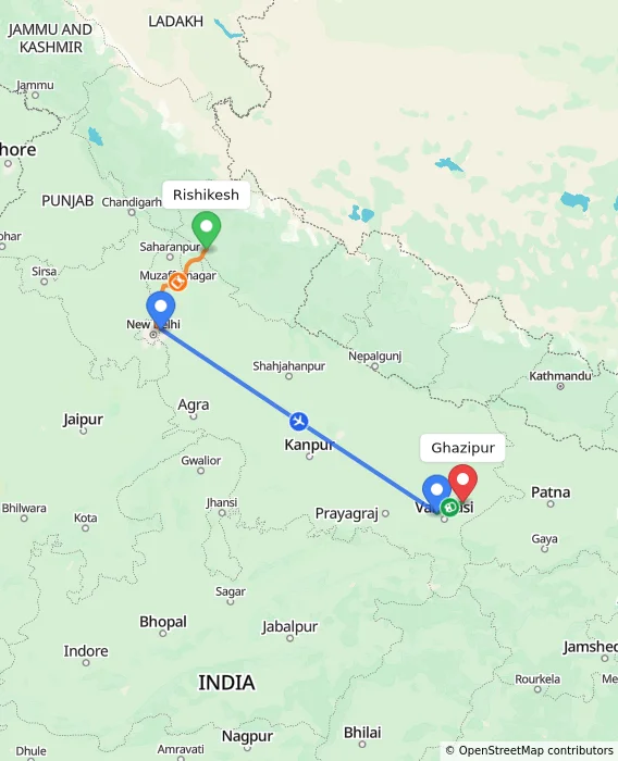 Route map showing distance and travel time from Rishikesh, India to Ghazipur, India