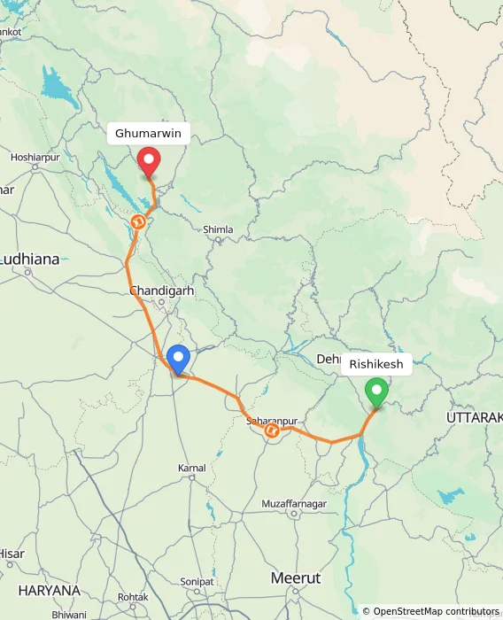 Route map showing distance and travel time from Rishikesh, India to Ghumarwin, India