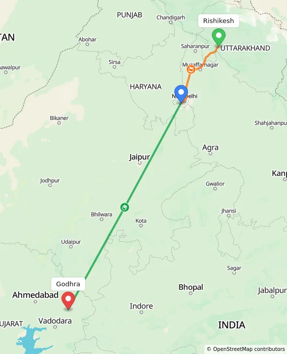 Route map showing distance and travel time from Rishikesh, India to Godhra, India