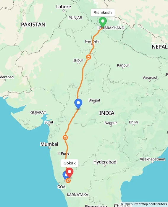Route map showing distance and travel time from Rishikesh, India to Gokak, India
