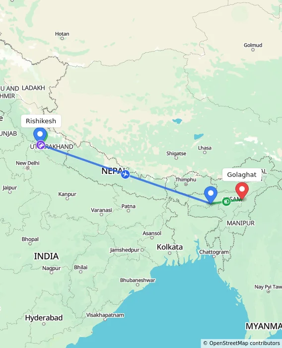 Route map showing distance and travel time from Rishikesh, India to Golaghat, India