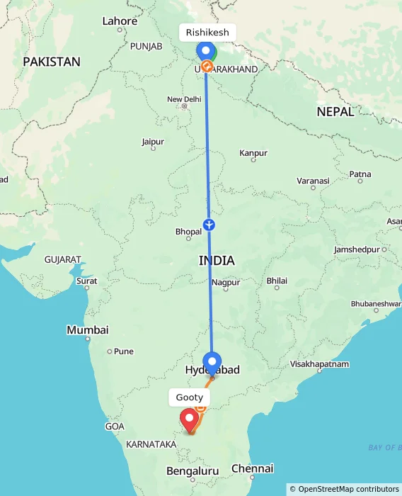 Route map showing distance and travel time from Rishikesh, India to Gooty, India