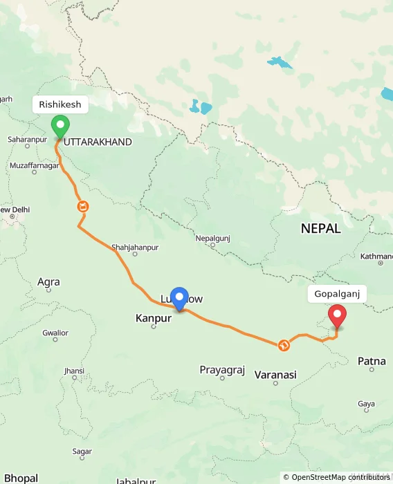 Route map showing distance and travel time from Rishikesh, India to Gopalganj, India