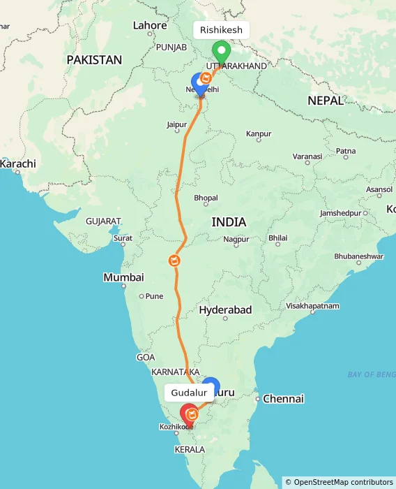 Route map showing distance and travel time from Rishikesh, India to Gudalur, India