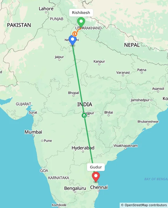 Route map showing distance and travel time from Rishikesh, India to Gudur, India